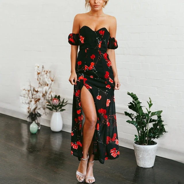 Off shoulder chiffon summer dress Flower print long |