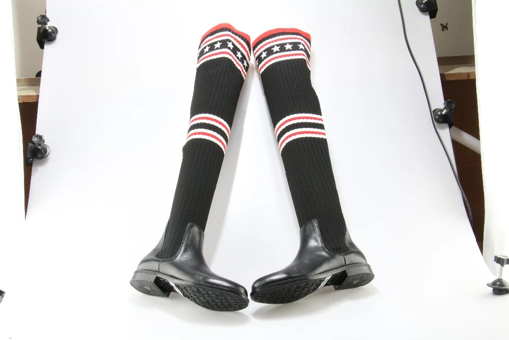 Fashion Cool Women Socks Boots Genuine Leather The Knee High Quality Stretch Fabric Elastic Flats Rubber Shoes Size 35-40