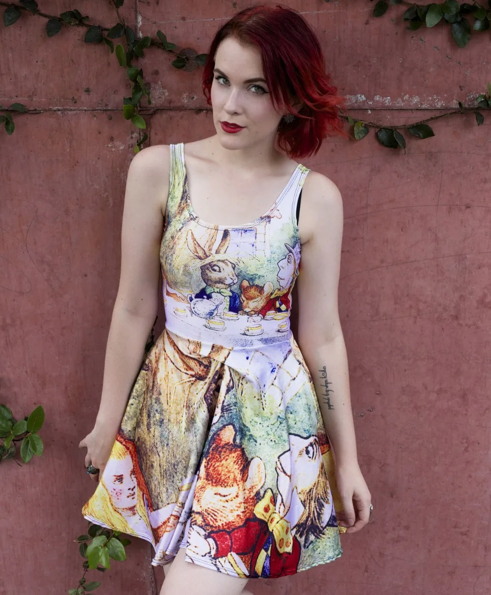 NEW 1186 Sexy Girl Women Summer comic Alice in Wonderland rabbit 3D Prints Reversible Sleeveless Skater Pleated Dress