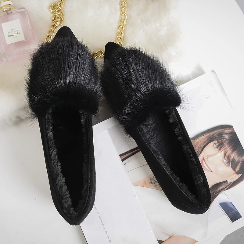 

famous brand mink fur shoes woman pointed toe flats 2018 autumn winter fur mocasines ladies ballet flats flock mules shoes