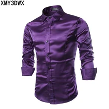 2018 Long Sleeve Rayon Silk Soft Men Shirt Thin Plus Size male Solid Color business wedding dress shirts Black Red Purple