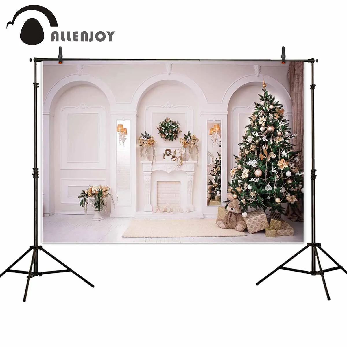 

Allenjoy backgrounds for photography studio Christmas tree decoration fireplace wall mistletoe gifts doll backdrop photocall