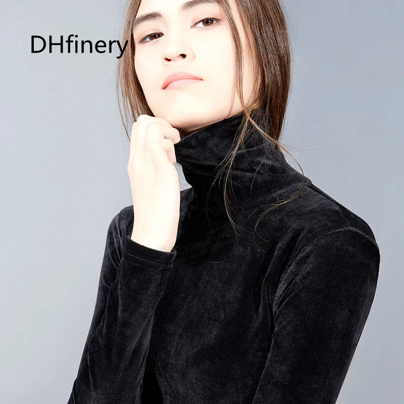 

DHfinery warm t shirt women autumn winter long sleeve turtleneck tshirt Velvet fabric black and wine red top Tees s-3XL sg27392