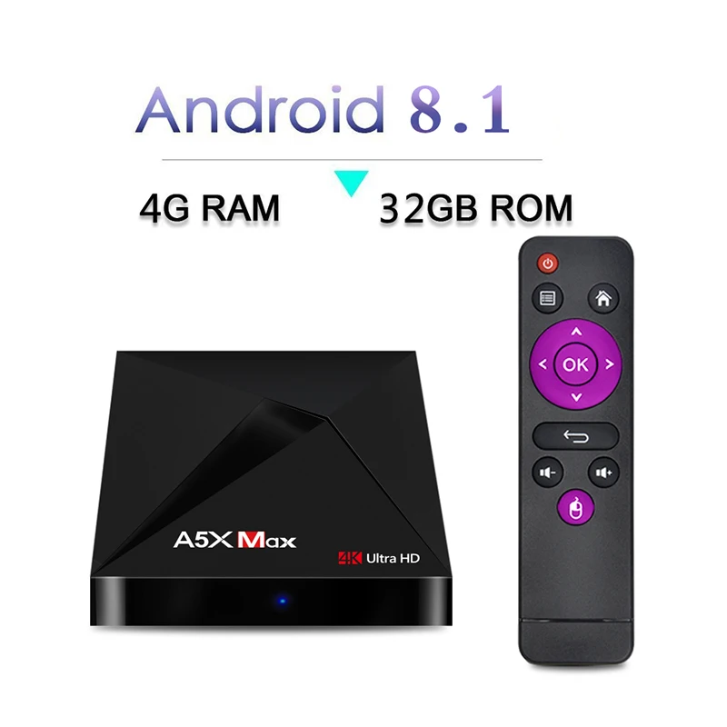 

A5X MAX Android TV BOX 8.1 4GB 32GB RK3328 4K BT 4.1 USB 3.0 2.4G WiFi 100M Lan Smart Airplay Media Player HD2.0 OTT TV BOX