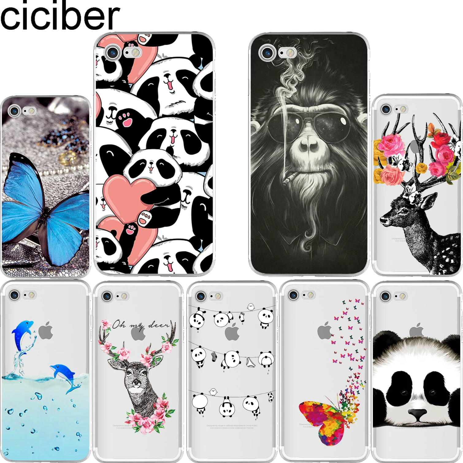 

ciciber Cute Animal Pattern Design Soft Silicon Phone Cases Cover for IPhone 6 6S 7 8 Plus 5S SE X Panda Deer Coque Capa Fundas