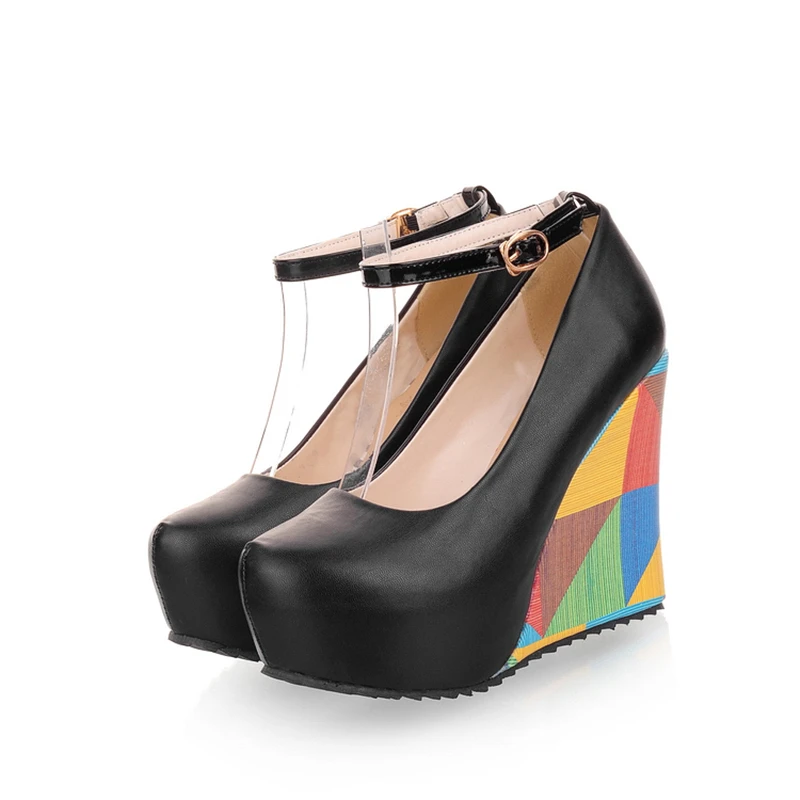 KARINLUNA/ г. Большие размеры 33-43, элегантные разноцветные женские туфли-лодочки с круглым носком Модные женские туфли на танкетке и высоких каблуках для свидания - Цвет: Черный