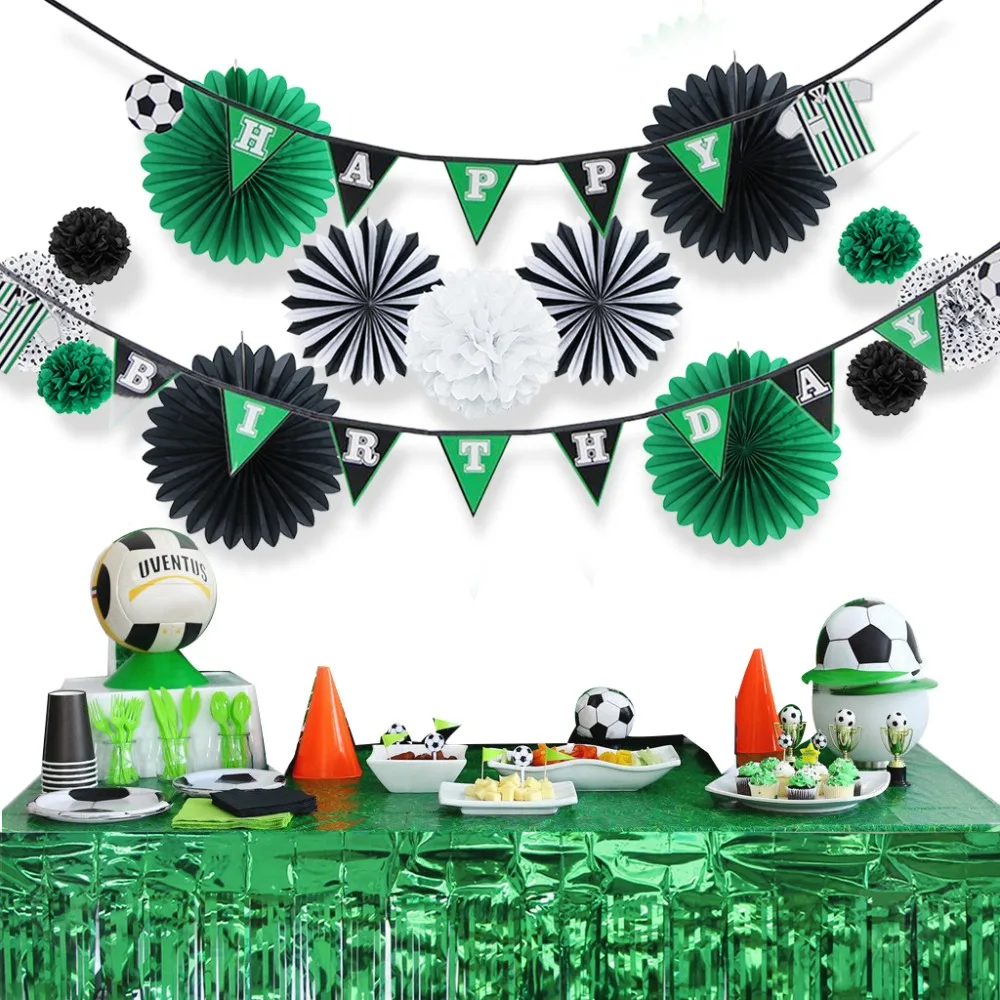 Soccer Theme Party Decorations Set Happy Birthday Pennant Banner Tissue Paper Fans Polka Dot Pom Poms Kids Sports 14pcs | Дом и сад