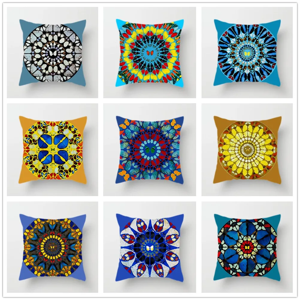

Butterfly Kaleidoscope Cushion Cover Mandala Colorful Home Decor Polyester Pillowcase for Sofa Bed Living Room Retro Decorative