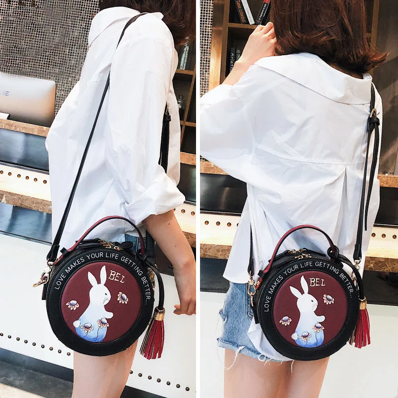Rabbit Printing Bag Ladies Sweet Round Crossbody Bags Women Leahter Circle Handbags Girl Alice's Mini Black Blue Messenger Purse (12)