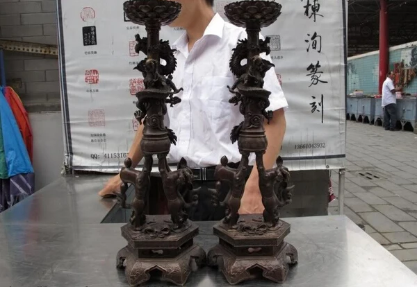 

Elegant old S1432 Tibet Buddhism Copper Bronze Lucky Two Lion Dragon candleholder candlestick Pair (A0321)