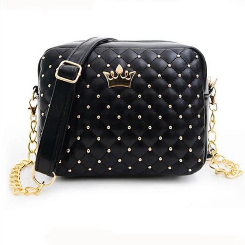 

Hanup 2016 Women Bag Fashion Women Messenger Bags Rivet Chain Shoulder Bag High Quality PU Leather Crossbody Quiled Crown bags