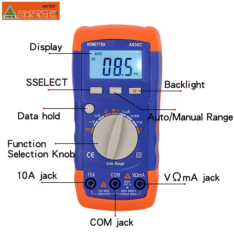

HONEYTEK A930C Digital LCD Multimeter Meter tester Current AC/DC Voltage Resistance Capacitance Frequency best sells
