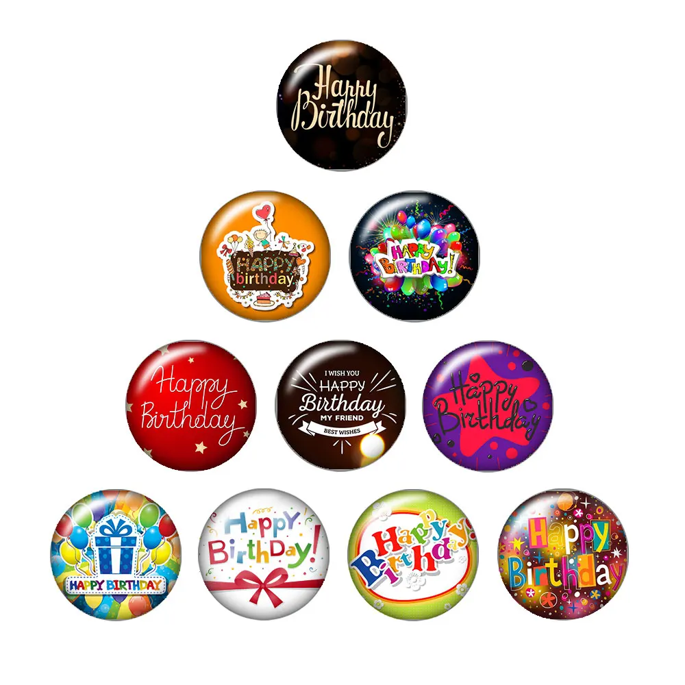 

Fashion Happy birthday 10pcs 12mm/18mm/20mm/25mm Round photo glass cabochon demo flat back Making findings ZB0486