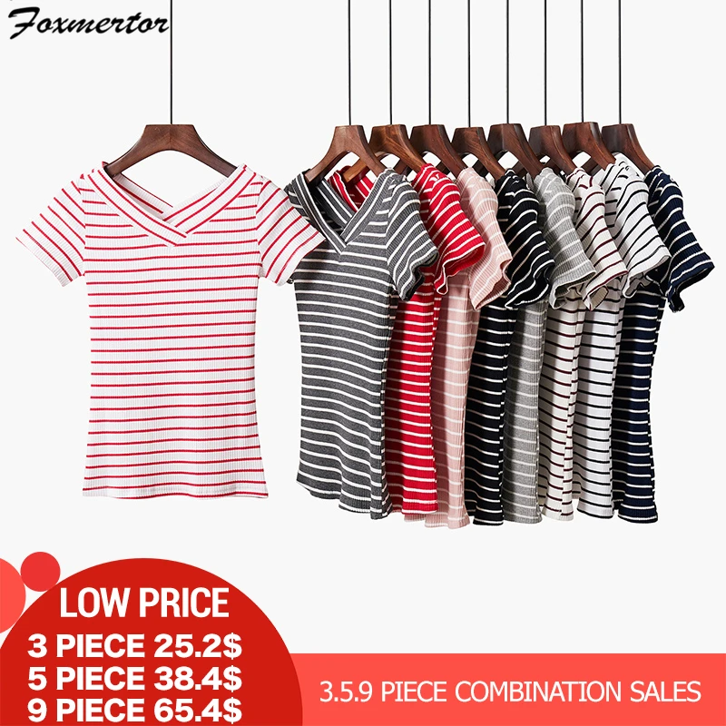 Комбинированные продажи 3.5.9 штук женская футболка в полоску Женская футболка одежда летние топы с короткими рукавами футболка Harajuku уличная