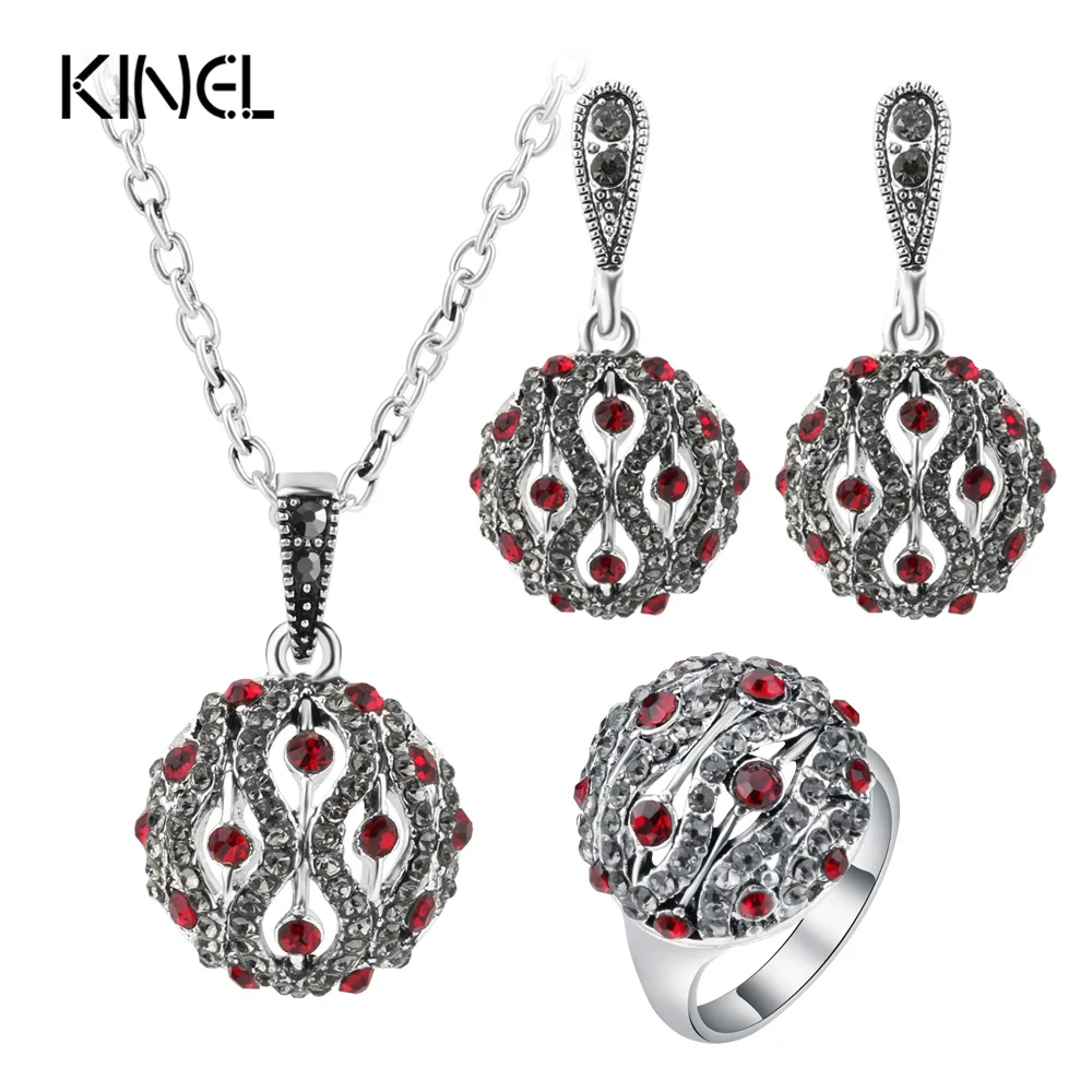 Kinel Fashion Crystal Ball Jewelry Sets For Women Silver Color Round Ring Earring And Pendant