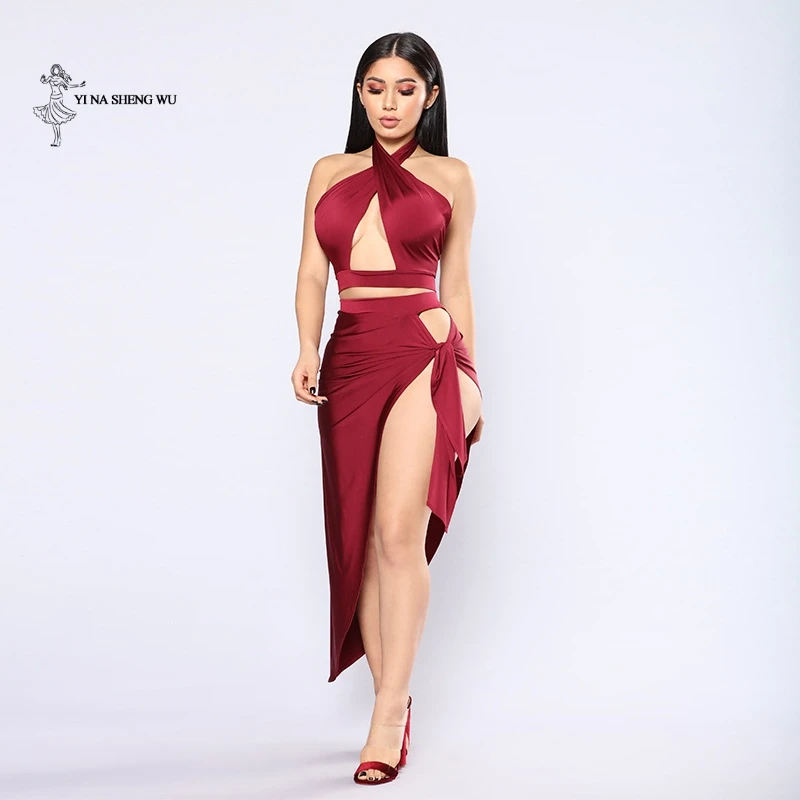 Women hanging neck sleeveless straps Summer long skirt suit slit sexy hollow nightclub dress 2-piece set (top+skirt ) Dancewear