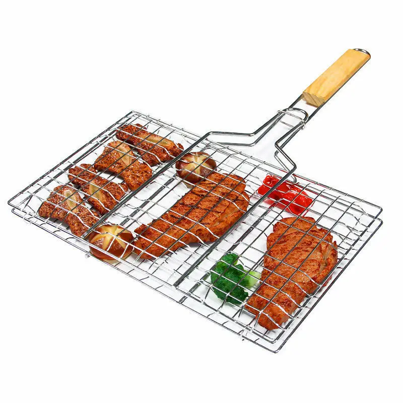 33CM*48CM Foldable DIY Barbecue Grilling Basket Wood Handle Outdoor BBQ Grilling Fish Rack Barbecue Tool Fish Grill Net