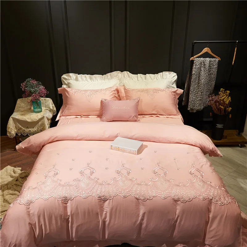 

Pink Applique Pale Blue Flower King Queen Size 4PCS Embroidery 60S Cotton Bedding Set Duvet Cover Bed Linen Bed sheet Pillowcase