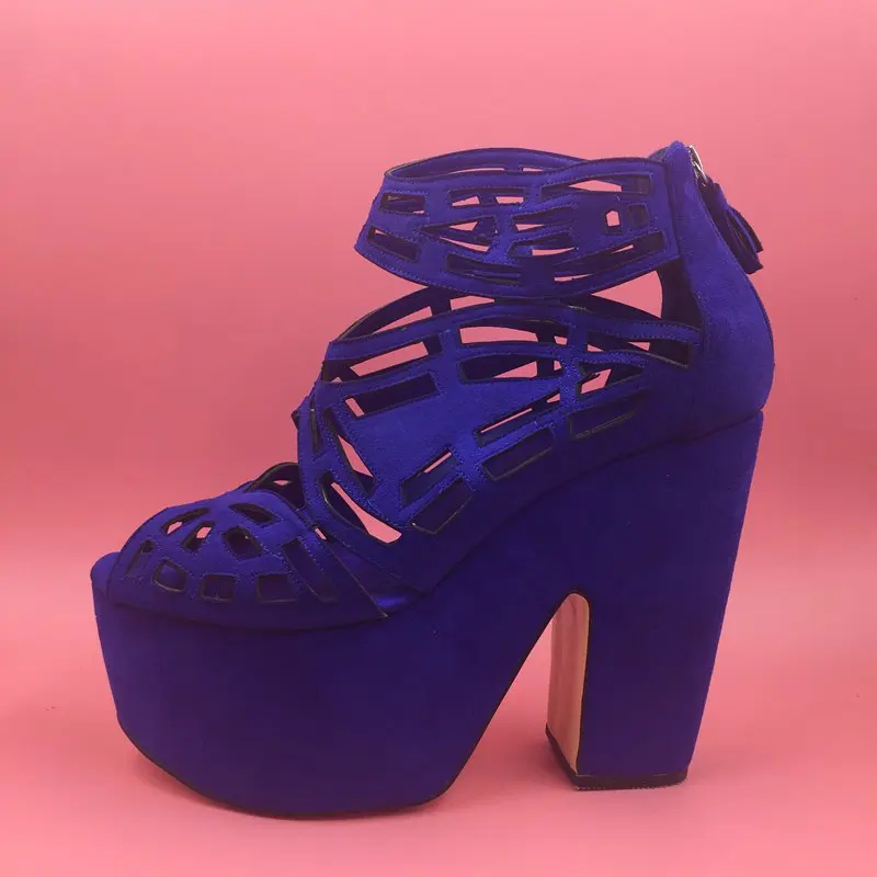 Royal Blue Women Sandals Hollow Out Thick Heels Open Toe Platform Shoes