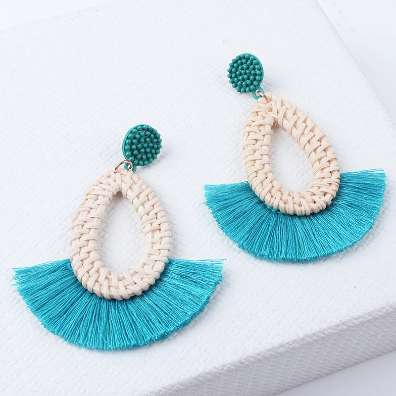 2018 New Boho Tassel Drop Earrings Korean Handmade Wooden Straw Weave
