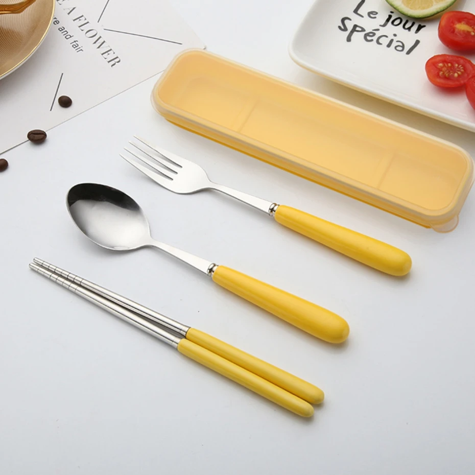 3 шт портативный набор посуды с керамической ручкой из нержавеющей стали, набор посуды для путешествий для детей, школьные столовые приборы для пикника