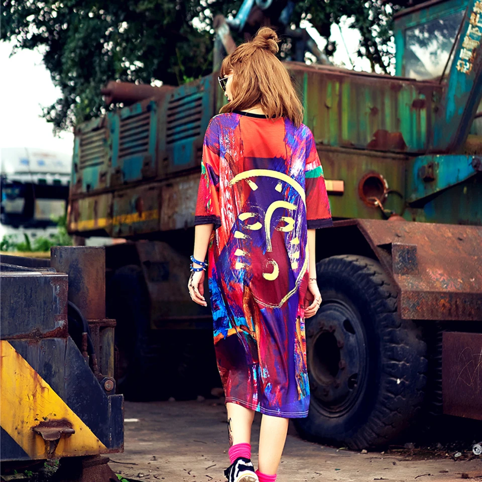 Уличное платье в стиле хип-хоп с разноцветным принтом граффити, женское летнее свободное платье большого размера с коротким рукавом, повседневные платья Харадзюку