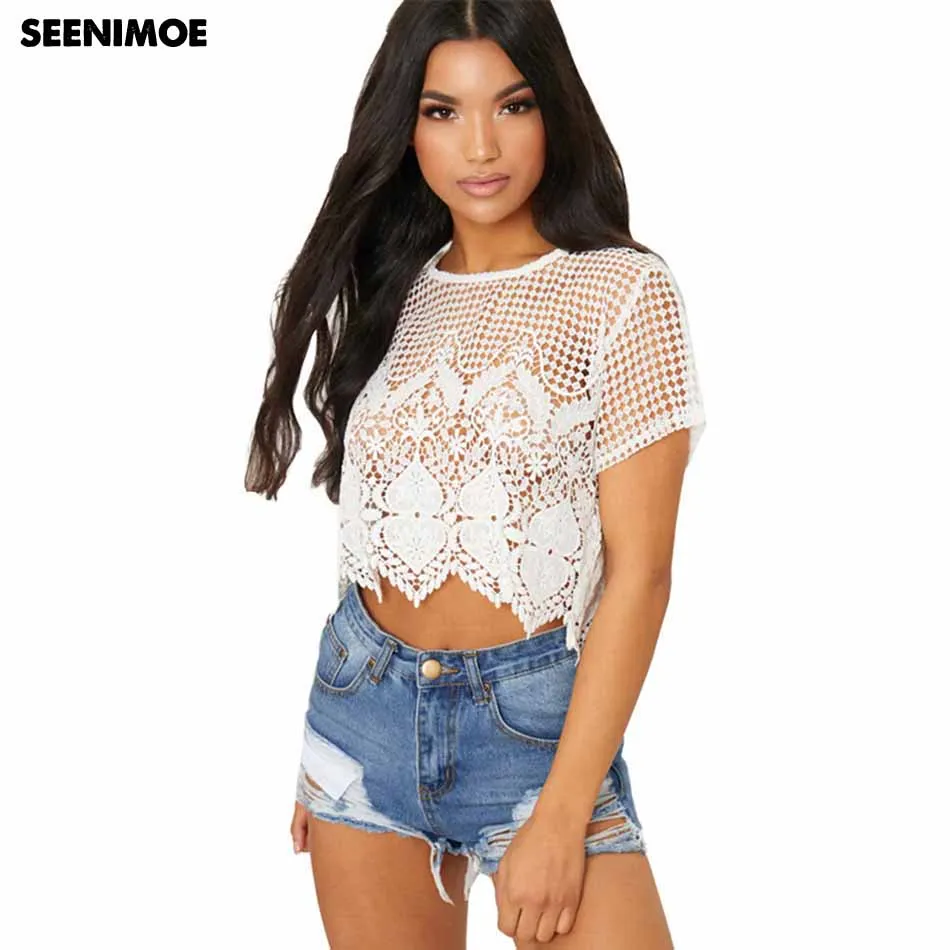 2018 Summer White Lace Crochet Blouse Casual Hollow out Crop Tops ...