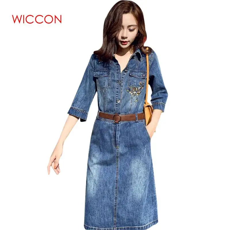 

Fashion New Women Embroidered Soft Denim Long Dress Loose Button Up Sleeve Long Spring Summer Vestido Denim Dress