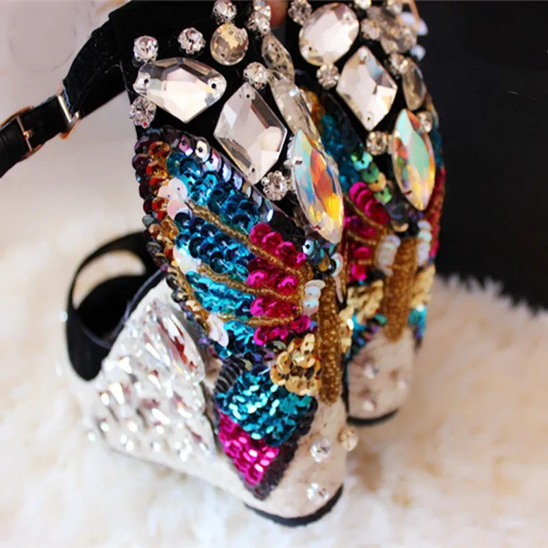 

Handmade Women's Sandals Open Toe Sequins Rhinestones Platform Shoes Ankle Strap A56