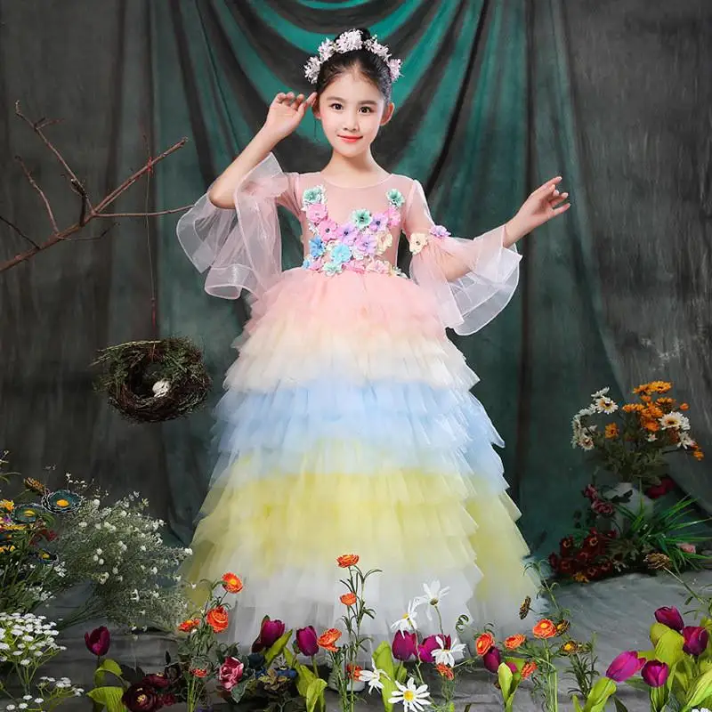 

2019 Teen Girl Lace Mesh Wedding Trailing Vestido Children First Communion Prom Gown Kids Girl Puffy Princess Pageant Dress Q13
