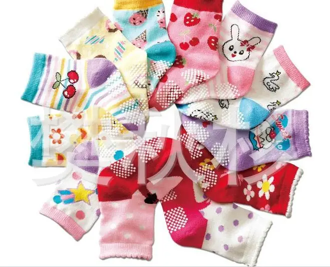 12 пар/лот), детские носки из хлопка, Резиновые Нескользящие носки-тапочки, носки для маленьких детей с рисунком, носки для малышей 1-3 лет - Цвет: Красный