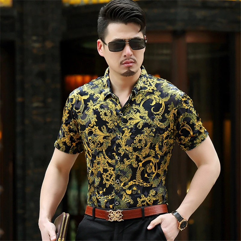 Цветочный Рисунок дракона резной модный уличный с короткими рукавами рубашка Лето 2019New качество золотой бархат мягкая удобная мужская рубашка