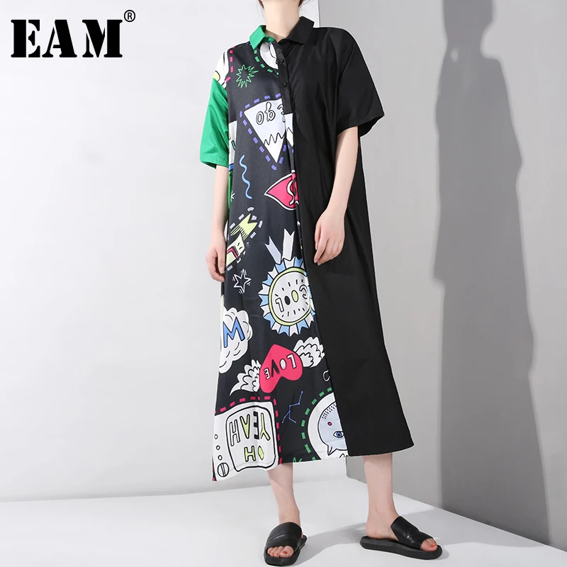 

[EAM] 2019 New Spring Summer Lapel Short Sleeve Side Pattern Printed Loose Long Big Size Shirt Dress Women Fashion Tide JQ3470