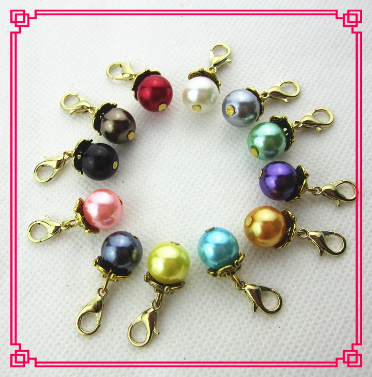 60pcs/lot mix 12 color pearl dangle charms lobster clasp hanging charm