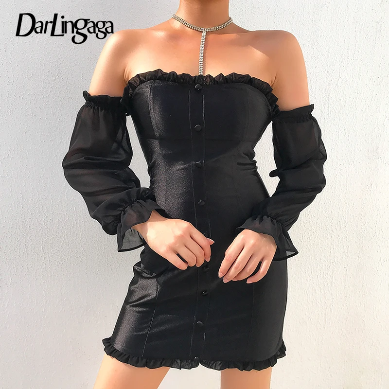 

Darlingaga Fashion Sexy Off Shoulder Black Dress Long Sleeve Party Dress Women Mesh Patchwork Ruffles Autumn Dresses Transparent