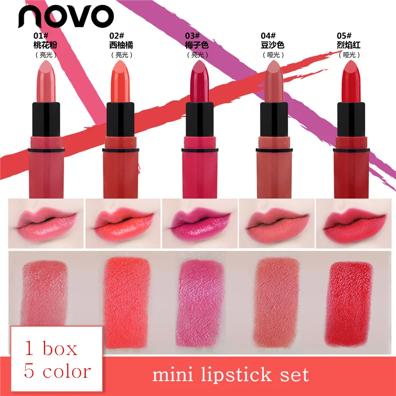5pcs/lot NOVO Lip Makeup Mini Lipstick Set Matte and Glossy Moisturizer Lip Stick