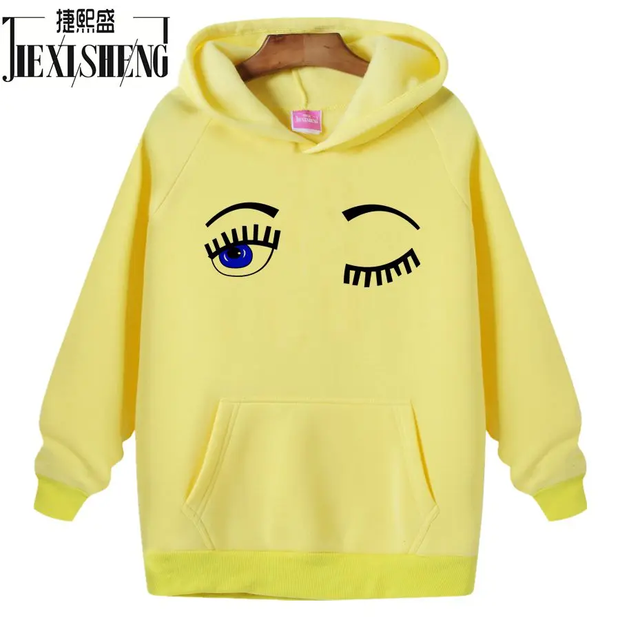 

2017 Women Hoodies Sweatshirt Long Sleeve hooded Loose Pullover funny Big eyes printing Autumn winter Flocking Keep warm Tops