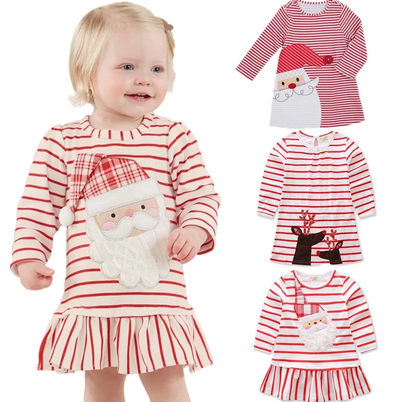Детская Хлопковая Рождественская одежда с длинными рукавами для девочек милое платье трапециевидной формы с рисунком Санта-Клауса и лося детская праздничная одежда