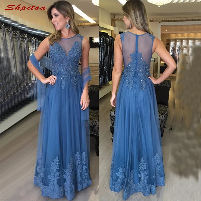 

Blue Lace Mother of the Bride Dresses for Weddings Beaded A Line Evening Gowns Groom Godmother Dinner Dresses 2018