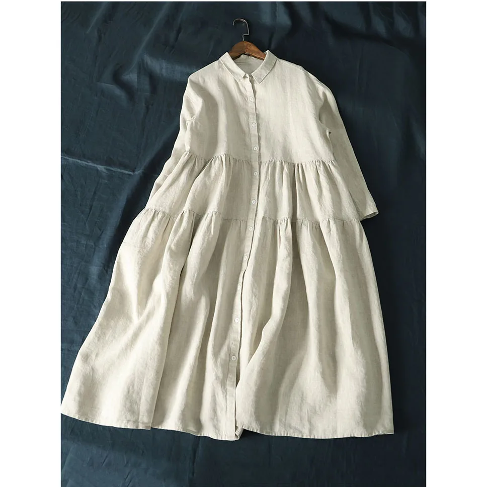 

Spring Autumn Women Loose Plus Size Japanese Style Mori Girl Soft Comfortable Water Washed 14*14 Linen Shirt Dresses 2 Colors
