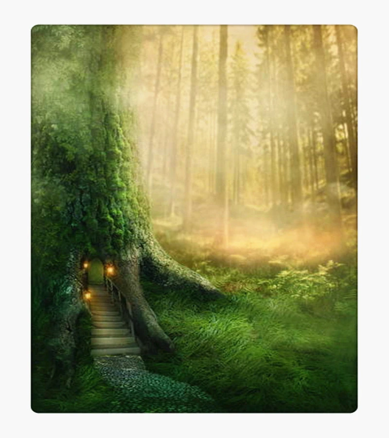 8x6.5 Dreamy Forest Backdrop Vinyl Fantastic Huge Mossy Tree Root Door Stairs Lighting Lantern Scene Photography Background Baby 1st Birthday Fairytale Party Banner Kids Child Portrait Shoot 