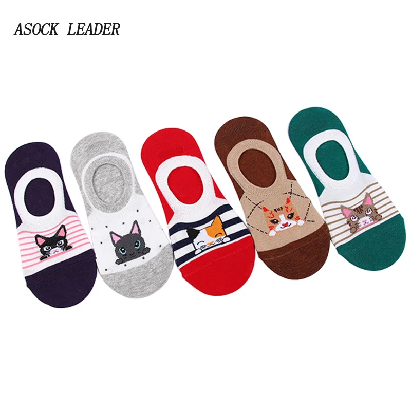 

2018 Spring&Summer New Cotton Lady Stealth Boat Socks Kitten Pattern Silicone Models Skid Shallow Mouth Female Socks 5pair/Lot