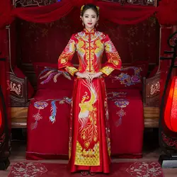 Восточный феникс Qipao классический женский древний Свадебный Cheongsam костюм красный Вышивка китайское платье сценическое шоу костюмы