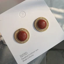 Анти-аллергия 925 иглы золотой край красный круглый камень барокко серьги гвоздики для женщин Женский винтажный геометрический шпильки ювелирные изделия