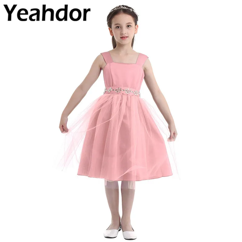 

Kids Girls Mesh Sleeveless Princess Dress Flower Girl Dress with Detachable Rhinestone Sash Pageant Wedding Birthday Party Dress