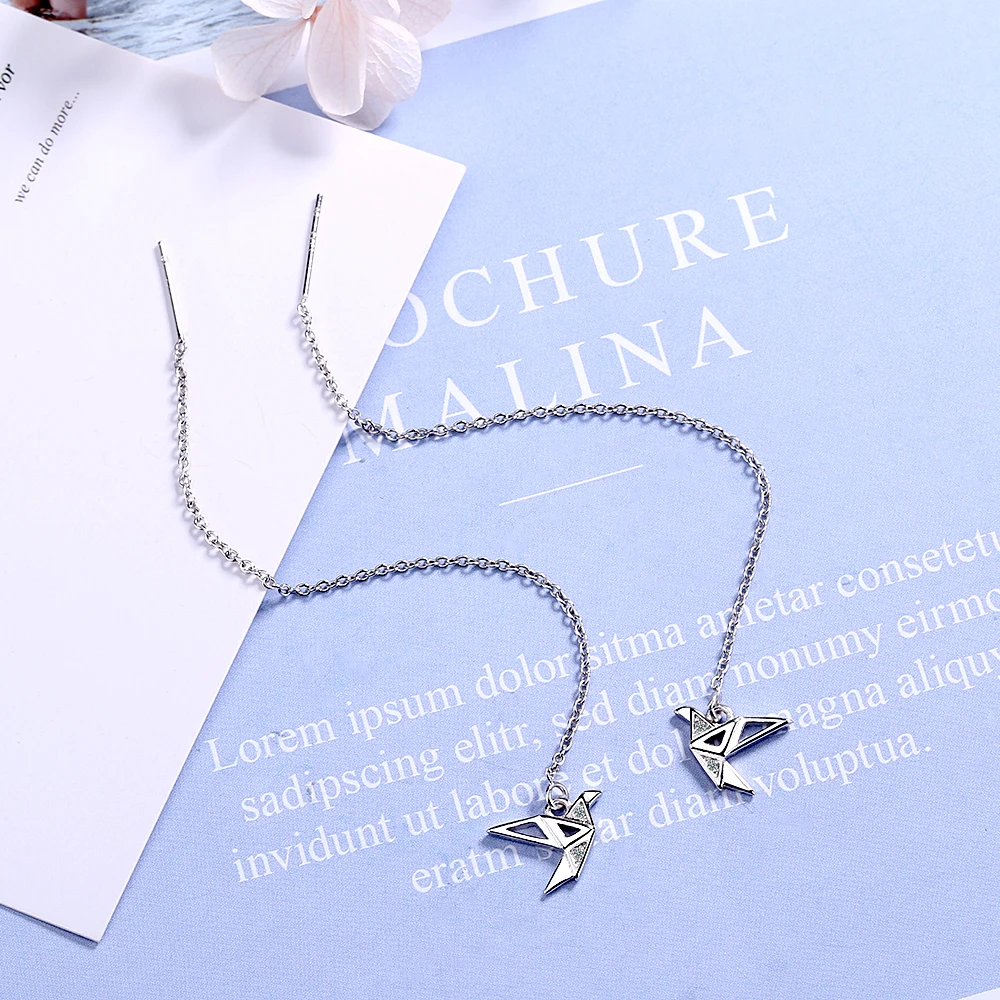 Real. 925 Sterling Silver Fine jewelry origami paper crane dangle earrings Threader GTLE2743