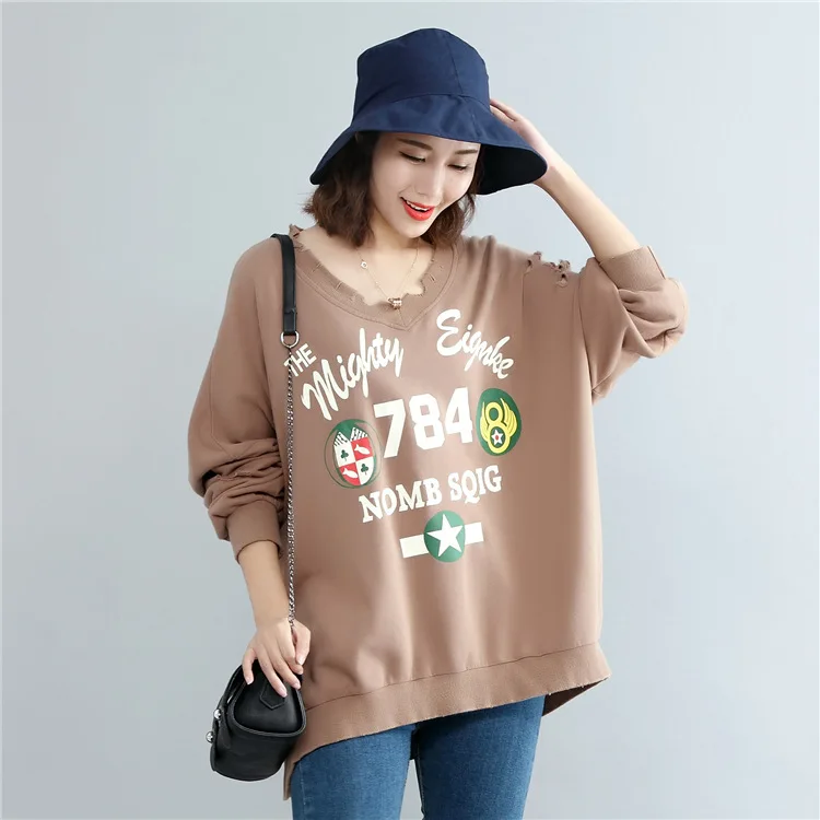 2017 Autumn Women Oversized T-shirt Korean Fashion Loose Print Hole V Neck Long Sleeve Tops Plus Size White Black T-shirts