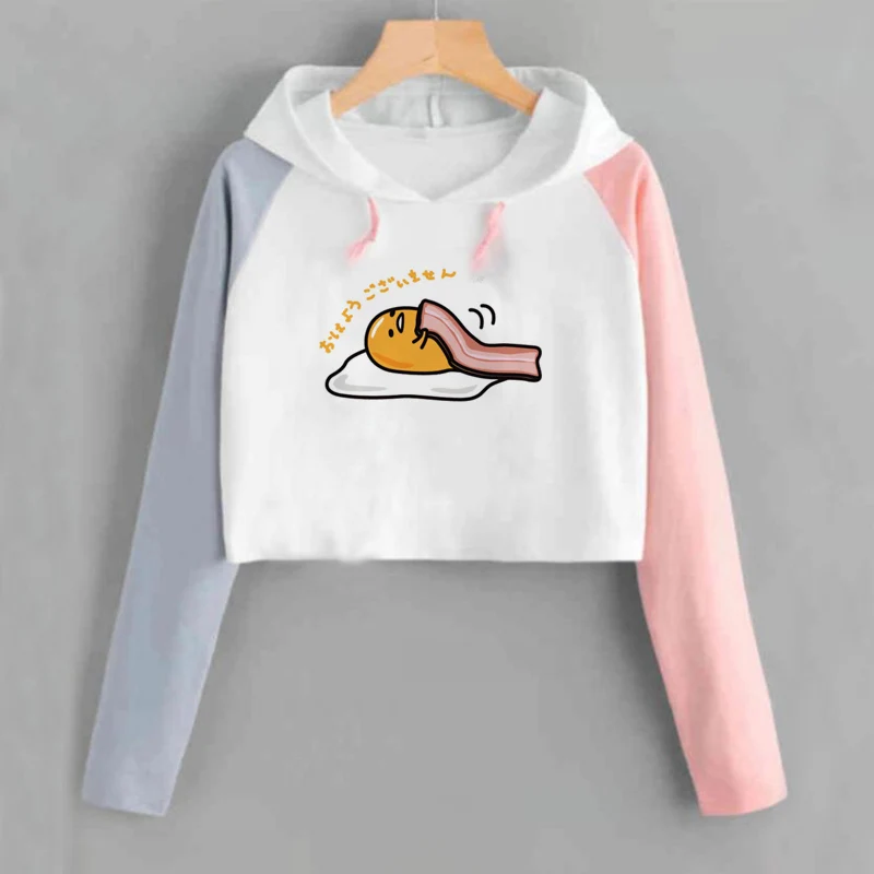  Harajuku Kawaii Lazy Cropped Hoodie Women Sweatshirt Funny Gudetama Agg Graphic Print Hoodies Japan