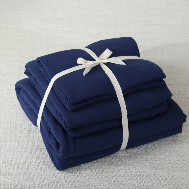 4pcs 100 Cotton Jersey Knitted Fabric Muji Style Solid color Navy Blue duvet cover set dark