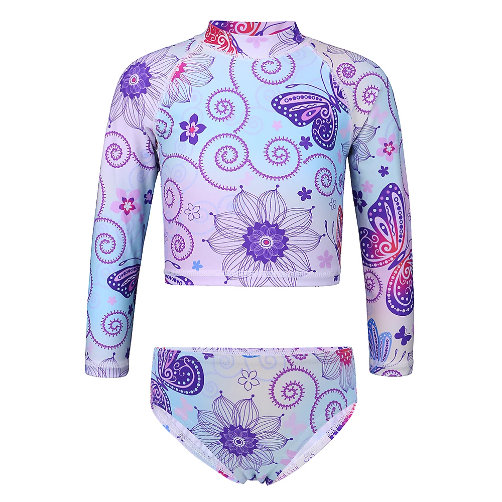 

BAOHULU Floral Butterfly Children Swimwear Girls Biquini UPF50+ Long Sleeve Swimsuit Two Piece for Kids Bathing Suit Beachwear
